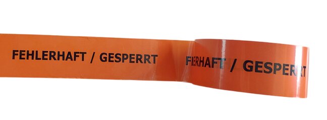 PVC-VERPACKUNGSBAND ORANGE, 66 M : 50 MM, AUFDRUCK: "FEHLERHAFT / GESPERRT"