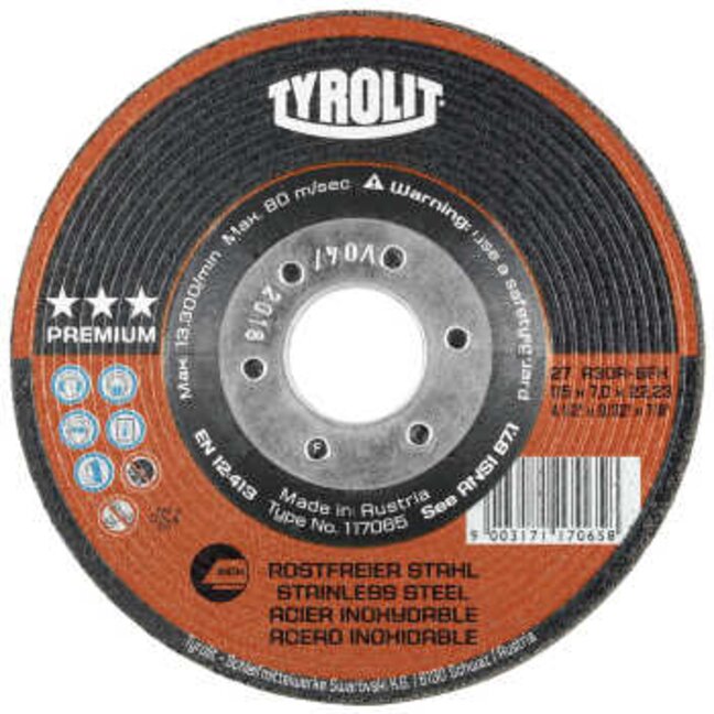 Tyrolit-Schruppscheibe 27 - 125 x 7 x 22,23 mm Premium*** - Spez.: A30R-BFX Inox Typ-NR.: 117070